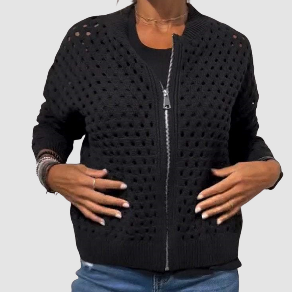 Orvyn | Women's Hollow Knit Zip-Up Cardigan - Beige - Image 2