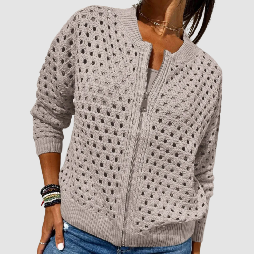 Orvyn | Women's Hollow Knit Zip-Up Cardigan - Beige - Image 4