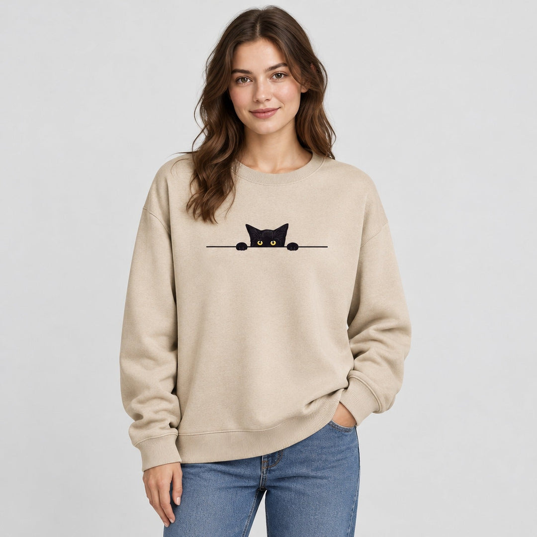 Relaxte Dames Sweater met Kattenprint en Geribde Boorden