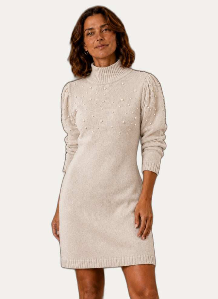 Gebreide Mini Jurk met Parelversiering en Col voor Dames