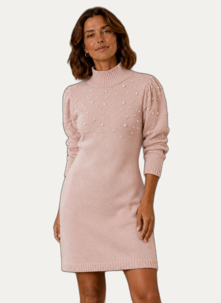Gebreide Mini Jurk met Parelversiering en Col voor Dames