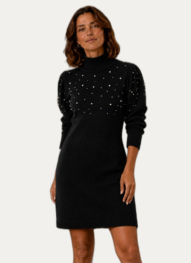 Gebreide Mini Jurk met Parelversiering en Col voor Dames