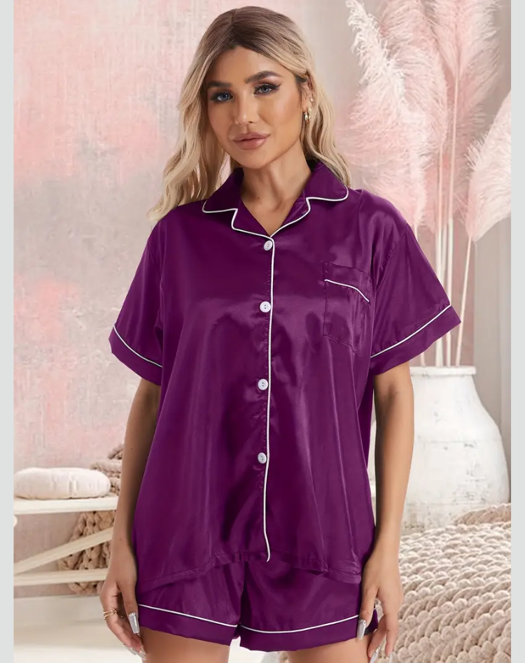Zachte Satijnen Dames Pyjama Set met Korte Mouwen en Short