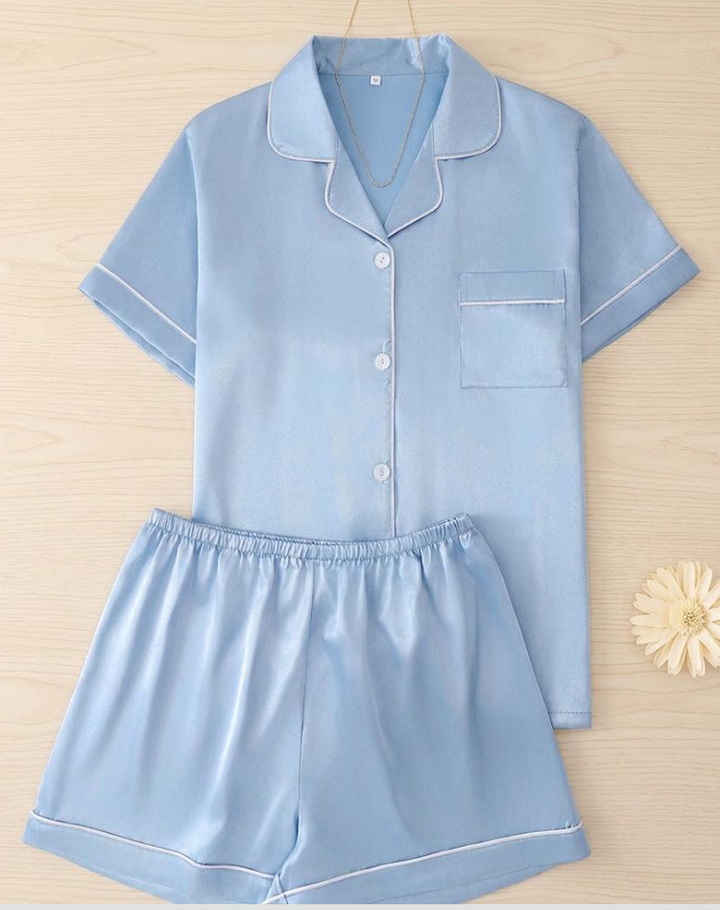 Soft Satin Women's Pajama Set with Short Sleeves and Shorts