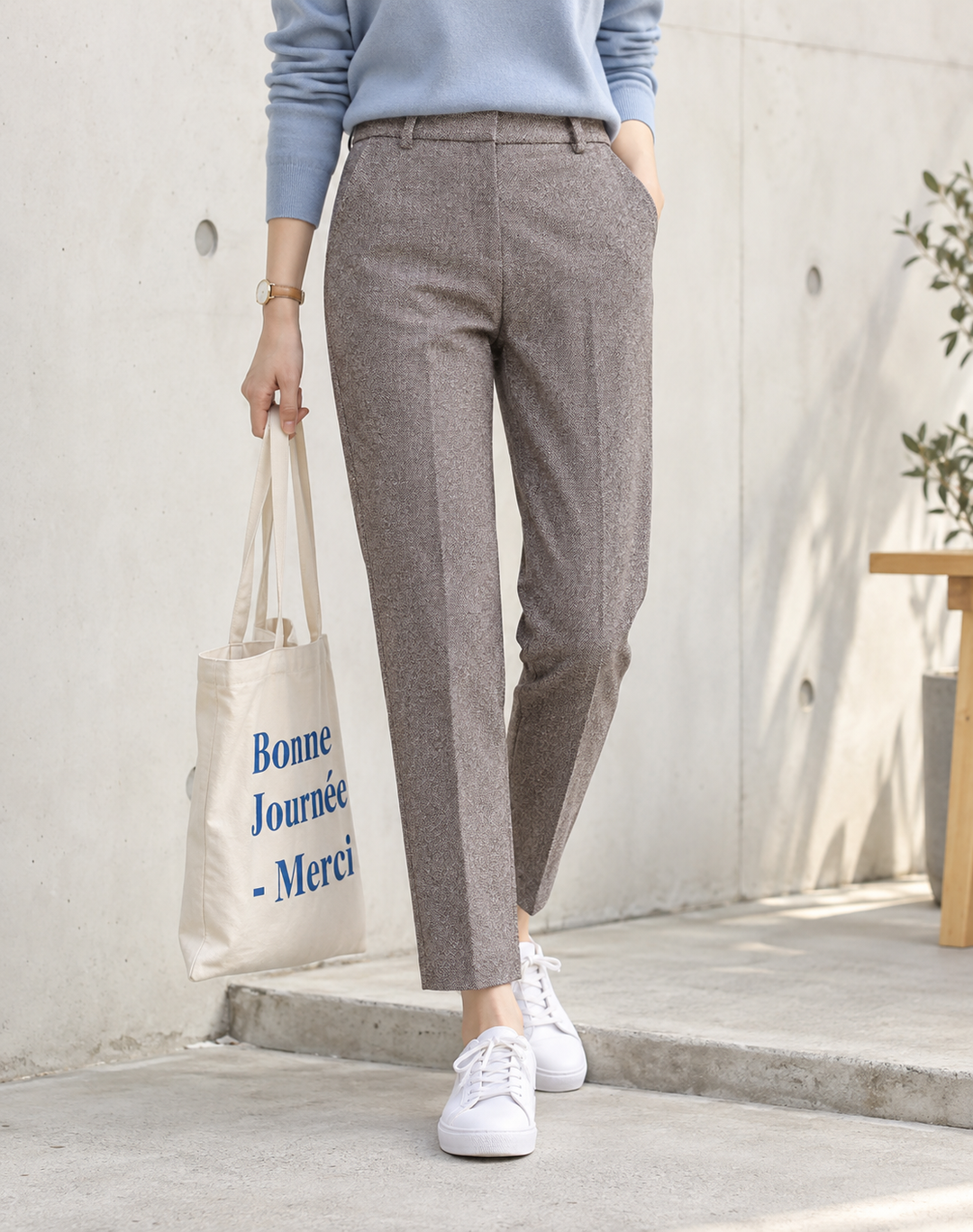 Pantalon Femme Mélange Laine Élégant à Jambes Droites et Taille Haute