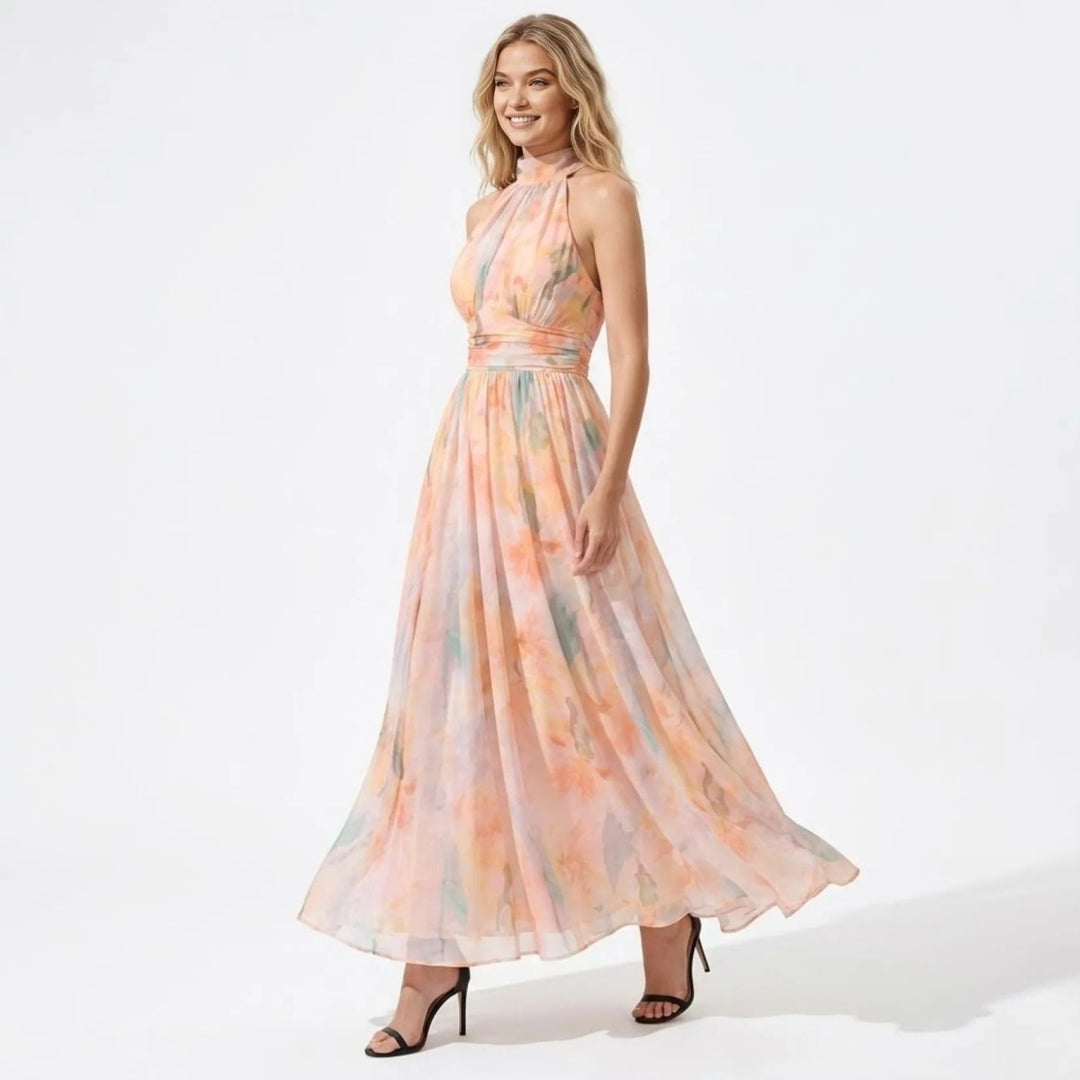 Summer Halter Maxi Dress for Women with Pleated Skirt