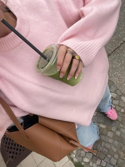 Roze Zachte Oversized Dames Trui met Lange Mouwen