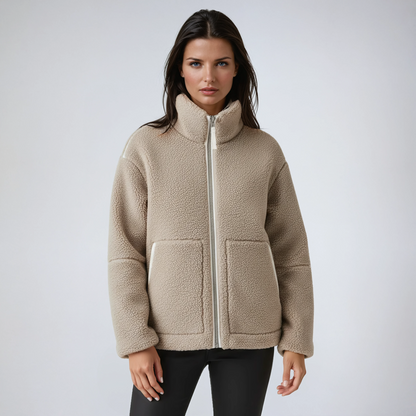 Zachte Dames Teddy Fleece Jas met Rits en Hoge Kraag
