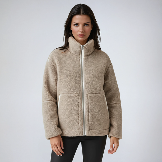Zachte Dames Teddy Fleece Jas met Rits en Hoge Kraag