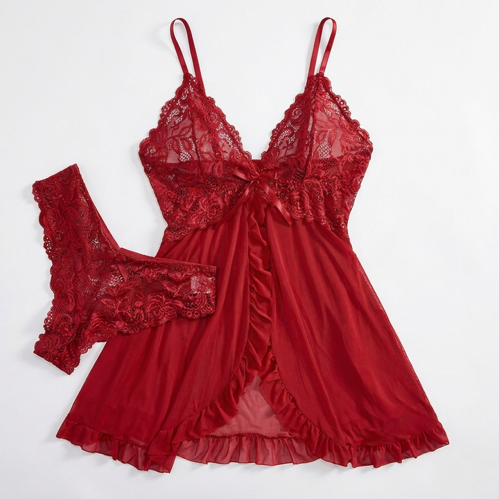 Verleidelijke Kanten Babydoll Set met Diepe V-Hals en Slip voor Dames