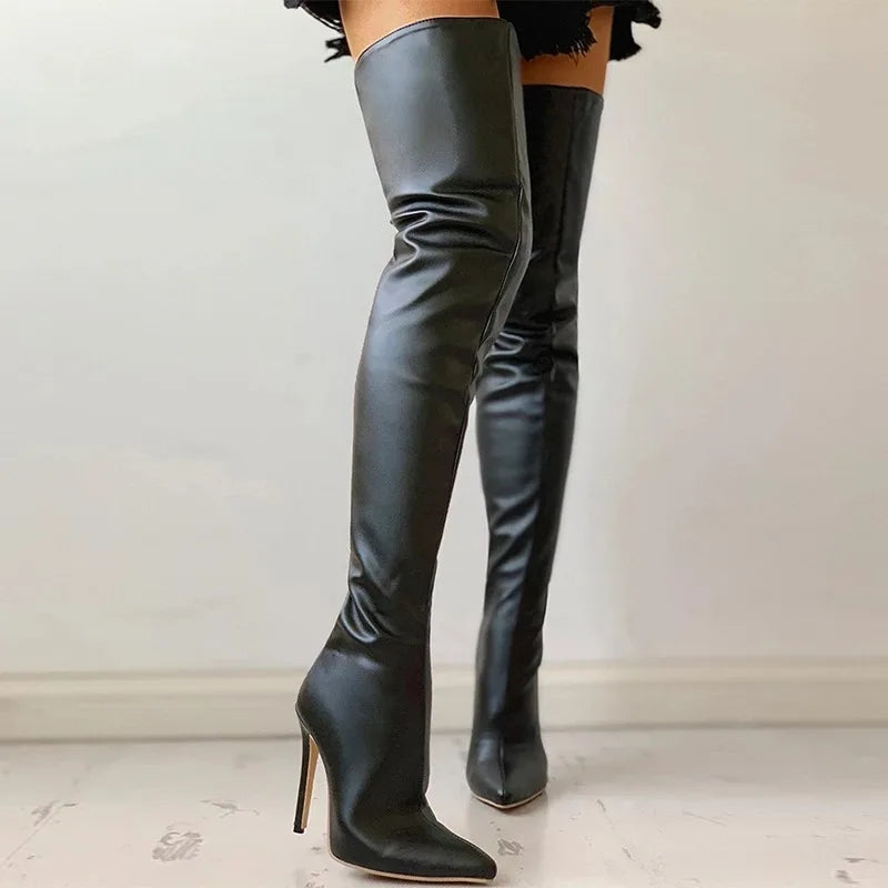Rekbare Dames Overknielaarzen met Spitse Neus en Stilettohak