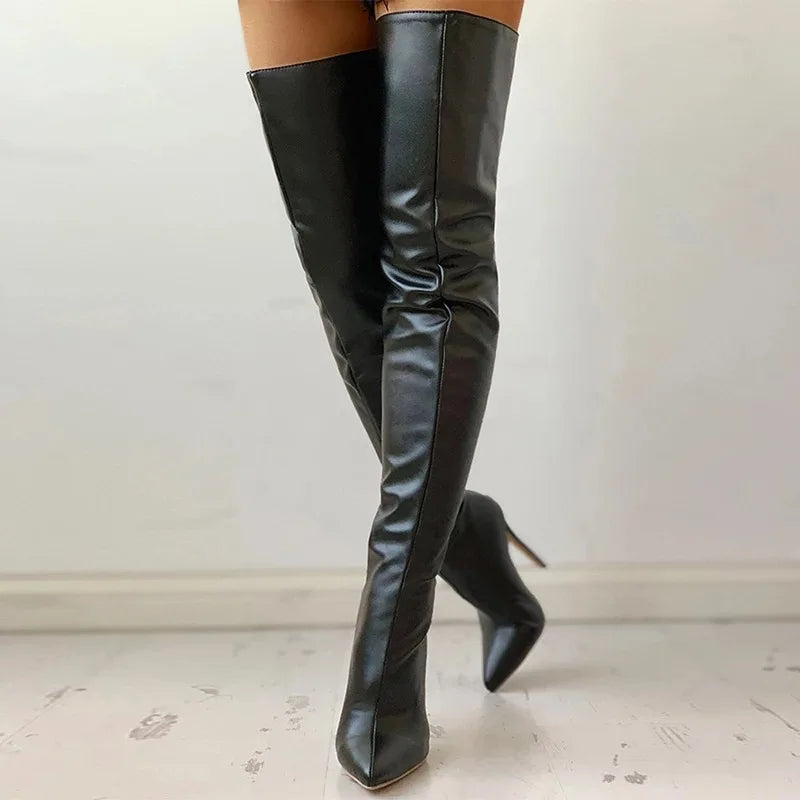 Rekbare Dames Overknielaarzen met Spitse Neus en Stilettohak
