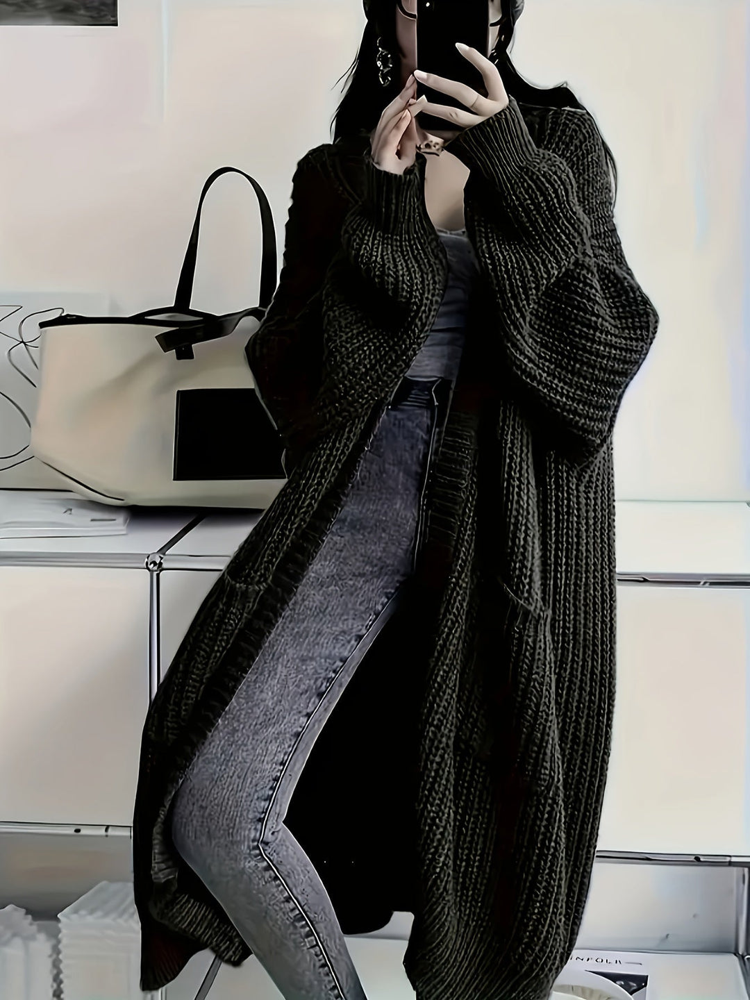 Rowena | Women's Oversized Long Knit Cardigan - Brown - Image 4