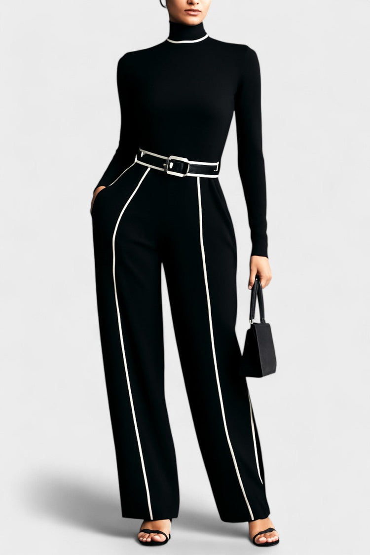 Ensemble Col Roulé Femme Luxe Noir 2 pièces avec Pantalon Large