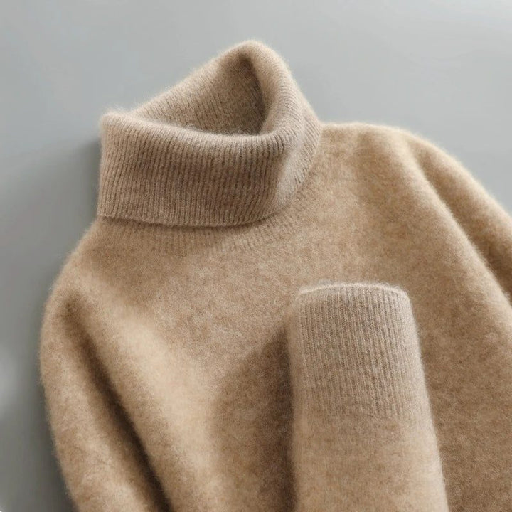 Merino Wool Ribbed Knit Turtleneck Sweater for Women