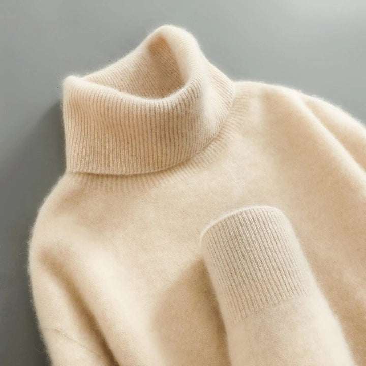 Merino Wool Ribbed Knit Turtleneck Sweater for Women - Beige