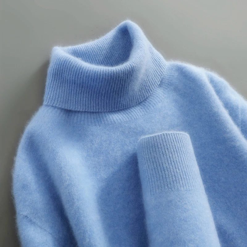 Merino Wool Ribbed Knit Turtleneck Sweater for Women - Mist Blue
