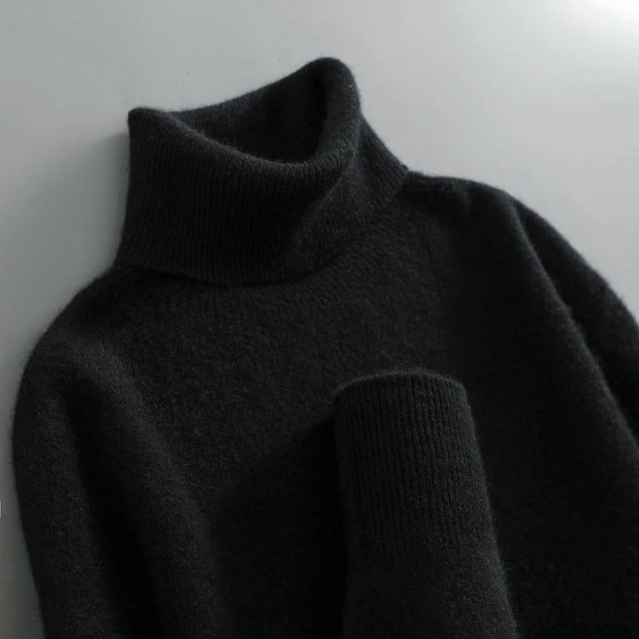 Merino Wool Ribbed Knit Turtleneck Sweater for Women - Black