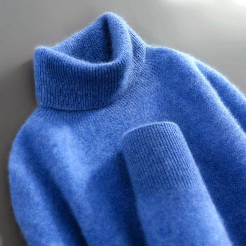 Merino Wool Ribbed Knit Turtleneck Sweater for Women - Blue