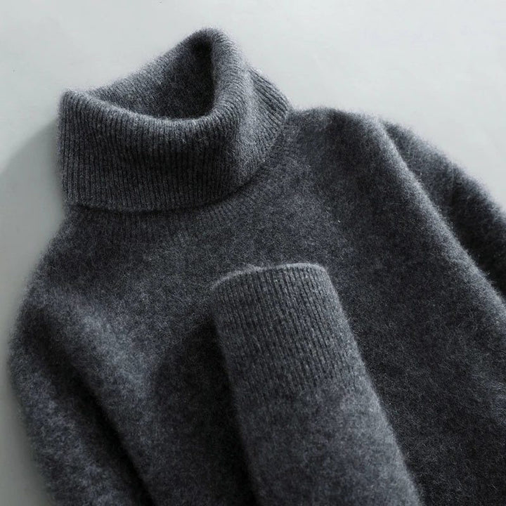 Merino Wool Ribbed Knit Turtleneck Sweater for Women - Dark Grey