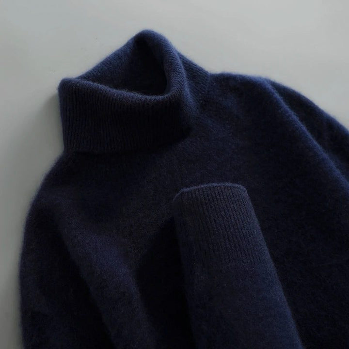 Merino Wool Ribbed Knit Turtleneck Sweater for Women - Navy Blue