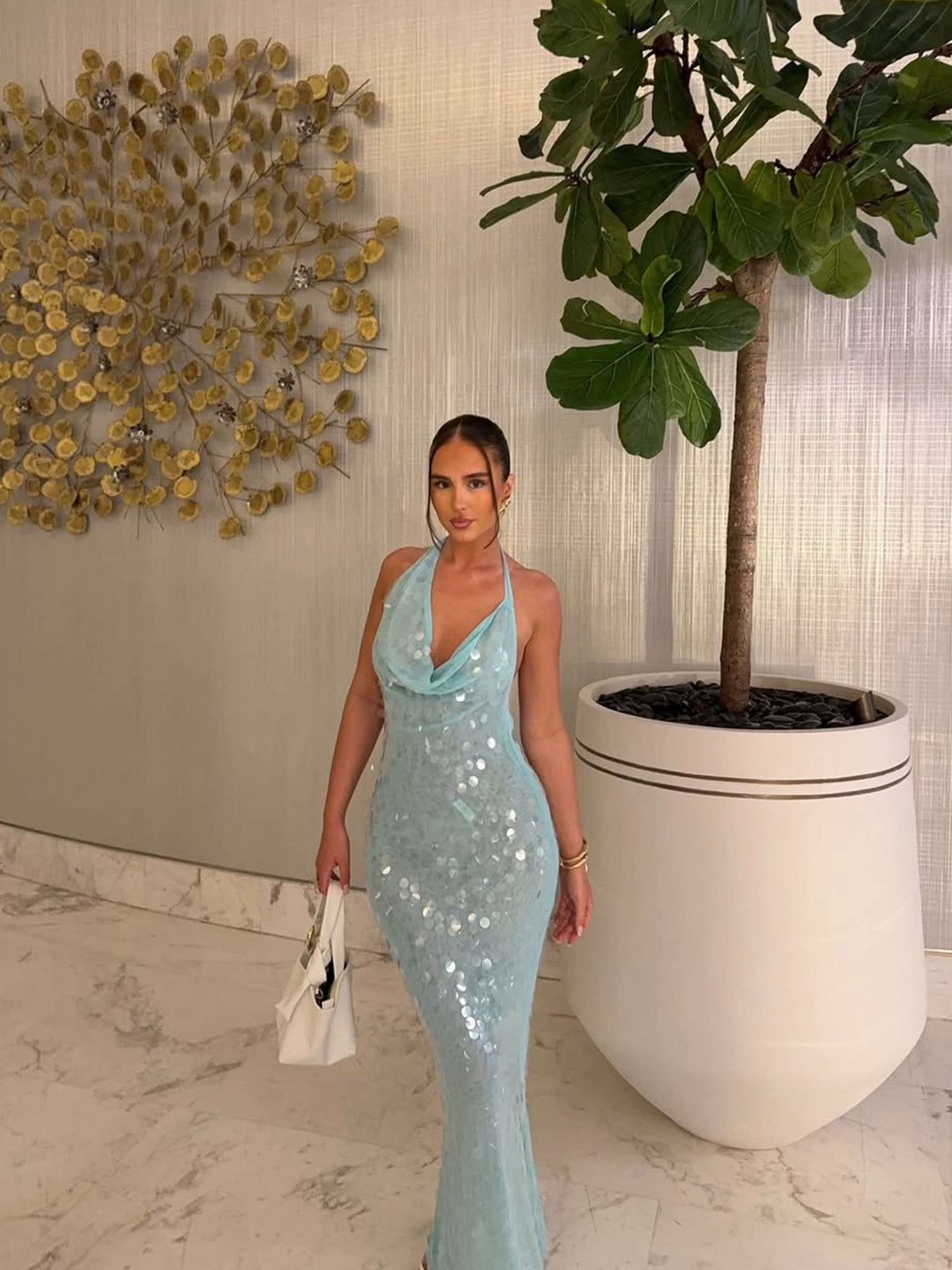 Elegant Blue Sequin Maxi Dress for Women