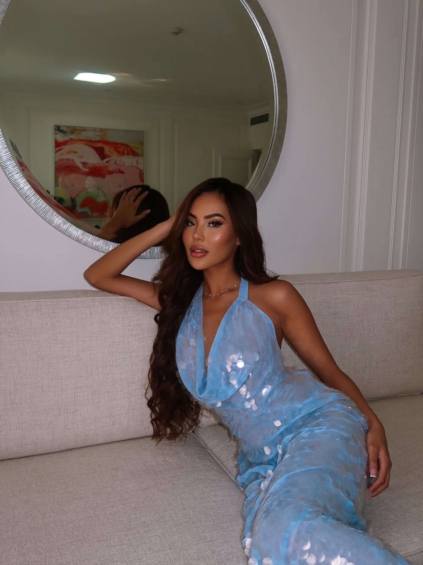 Elegante Blauw Pailletten Maxi Jurk voor Vrouwen