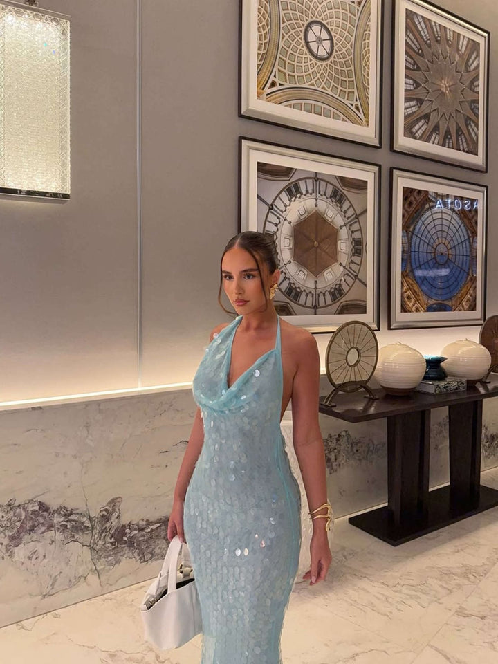 Elegant Blue Sequin Maxi Dress for Women