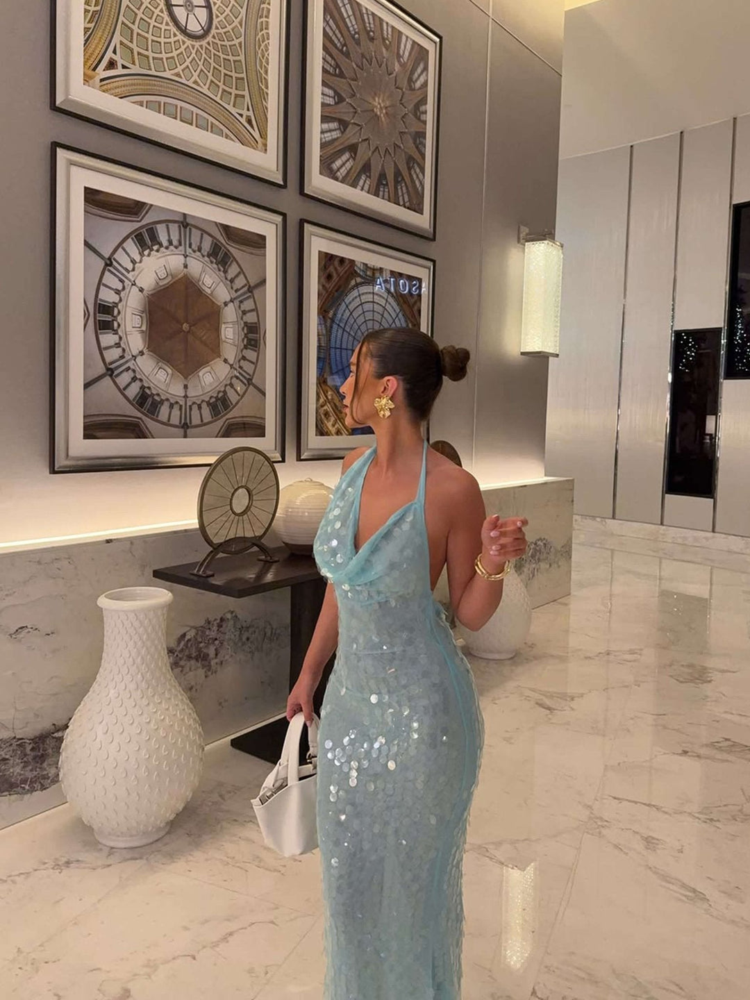 Elegant Blue Sequin Maxi Dress for Women