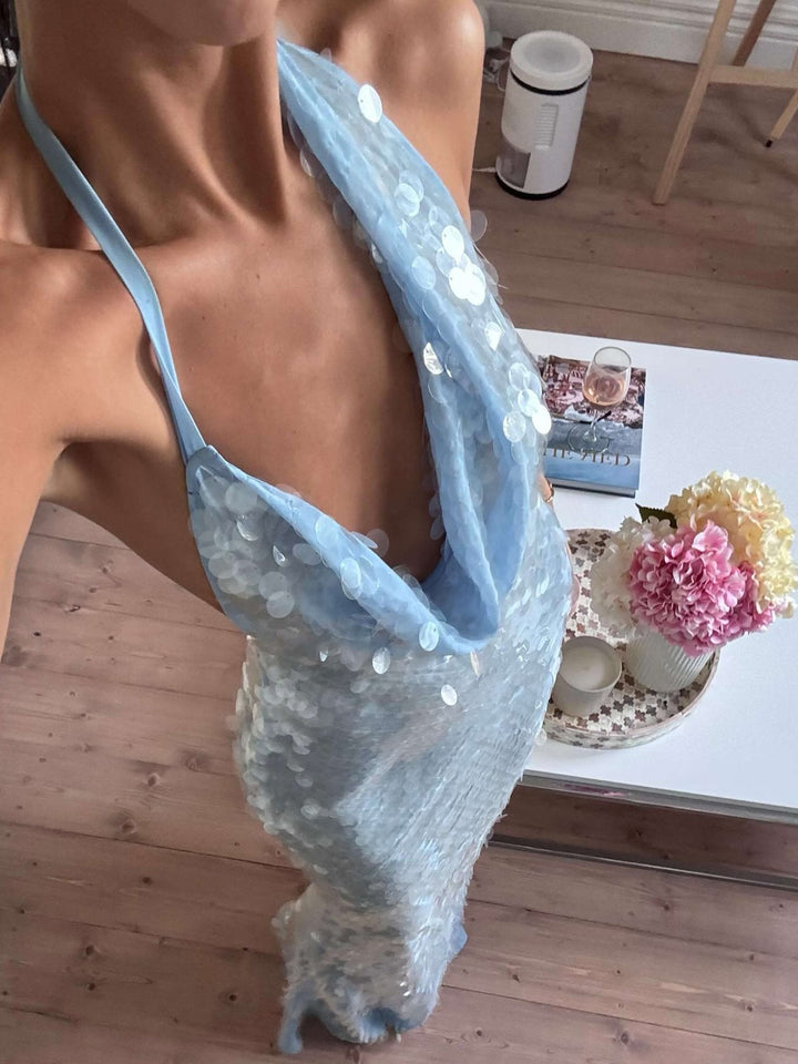 Elegant Blue Sequin Maxi Dress for Women