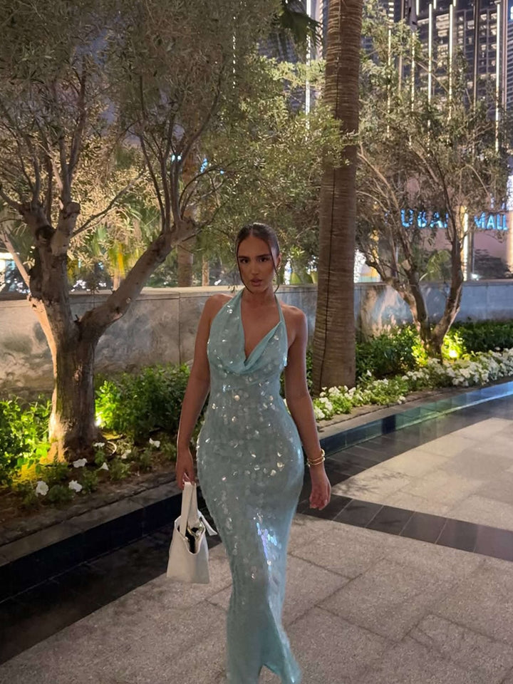 Elegant Blue Sequin Maxi Dress for Women
