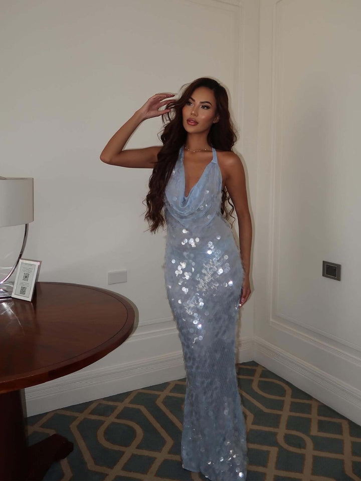 Elegant Blue Sequin Maxi Dress for Women