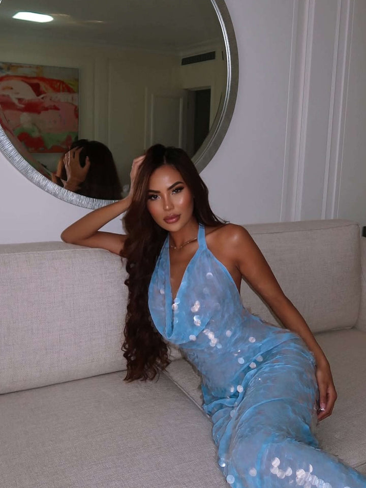 Elegant Blue Sequin Maxi Dress for Women