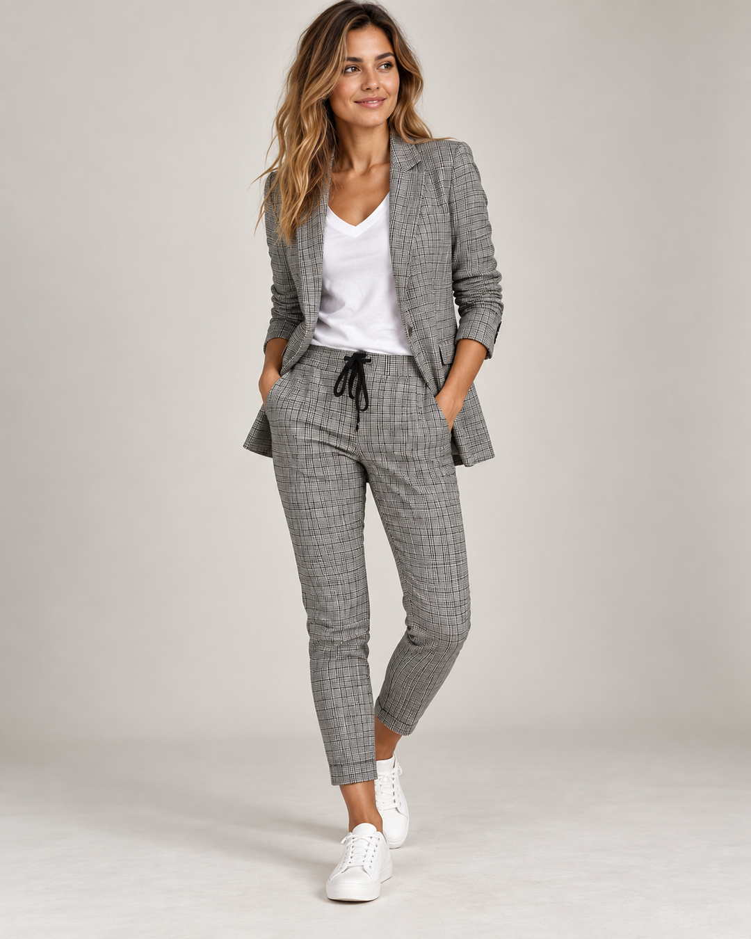 Ensemble blazer à carreaux pour femme avec col à revers et jambes larges
