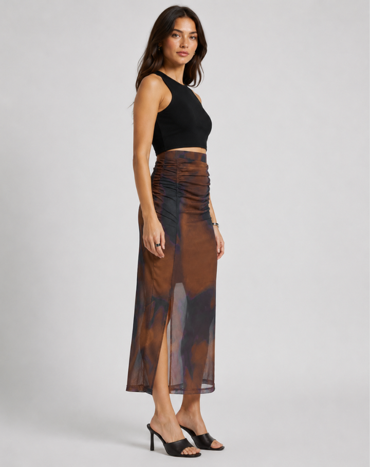 Yaani | Spódnica midi tie-dye z rozcięciem i falbankami