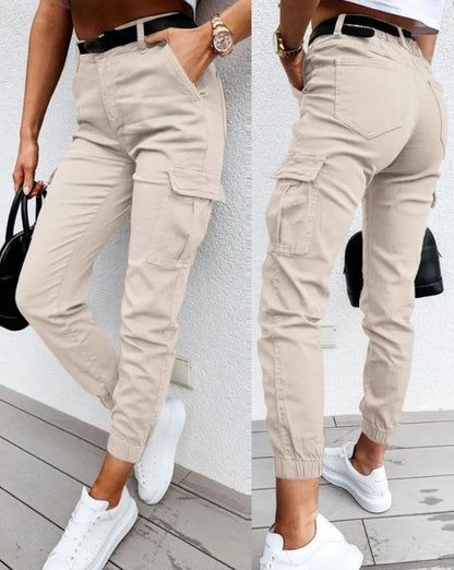 Trendy Dames Fitted Cargo Broek met Hoge Taille en Zakken