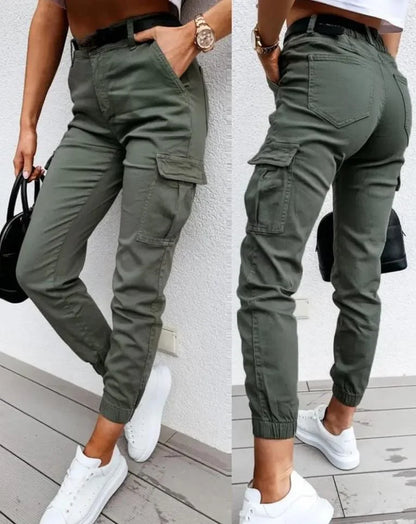 Trendy Dames Fitted Cargo Broek met Hoge Taille en Zakken