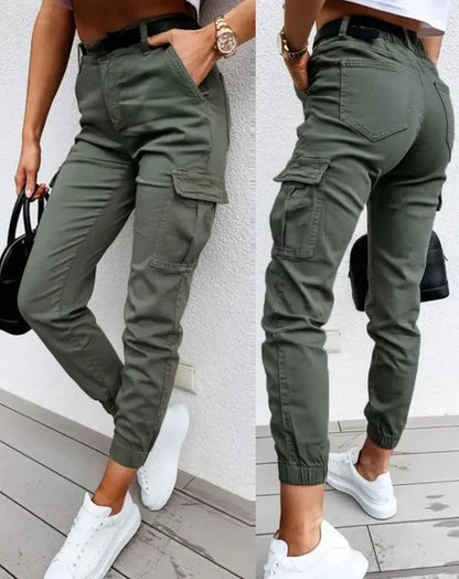 Trendy Dames Fitted Cargo Broek met Hoge Taille en Zakken