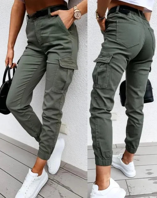 Trendy Dames Fitted Cargo Broek met Hoge Taille en Zakken