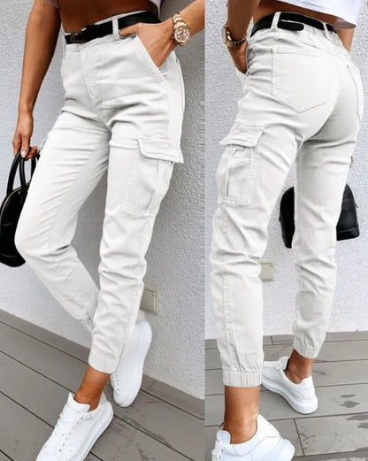 Trendy Dames Fitted Cargo Broek met Hoge Taille en Zakken