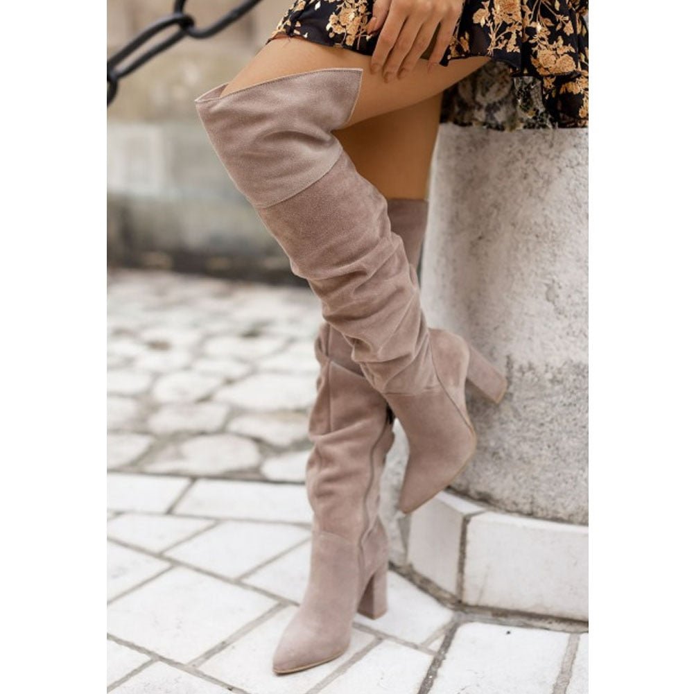 Trendy Women's Knee-High Boots with Block Heel and Suede Look