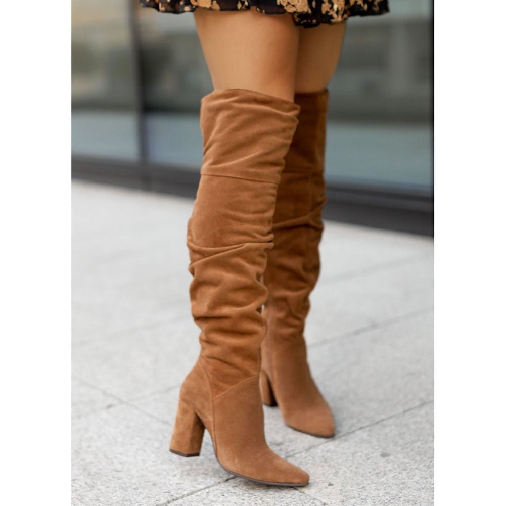 Trendy Women's Knee-High Boots with Block Heel and Suede Look