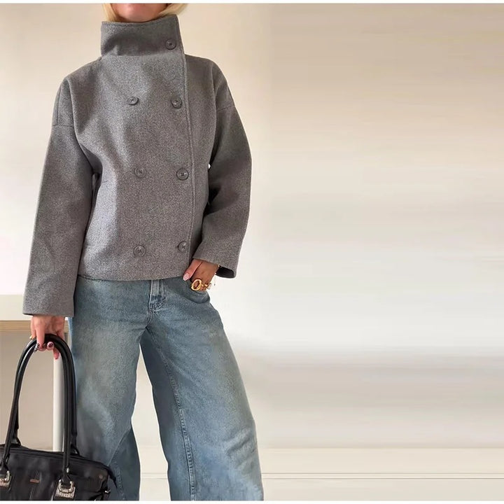 Wool-Blend Women's Coat with High Collar and Double Buttons