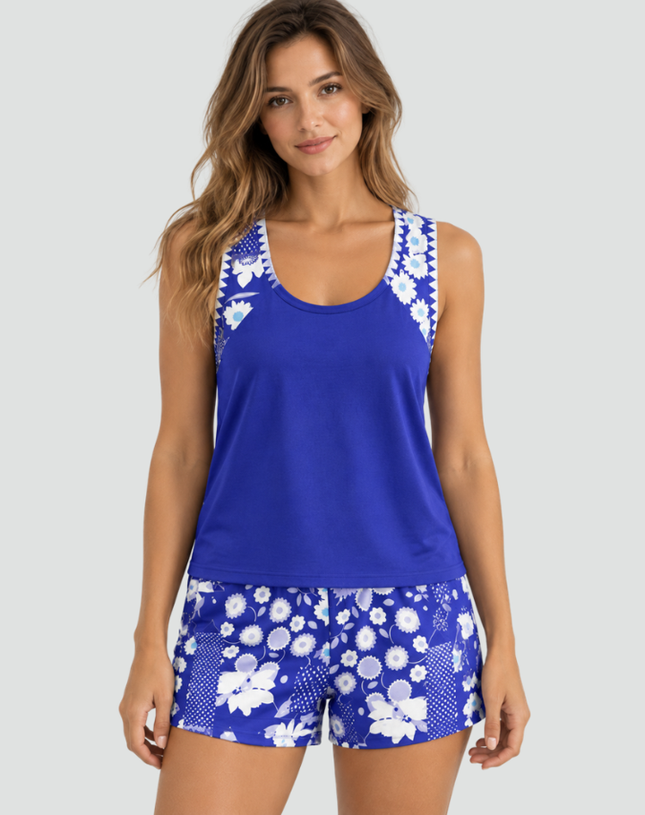 Ladies Tankini Set with Adjustable Top and High Waist Floral Shorts