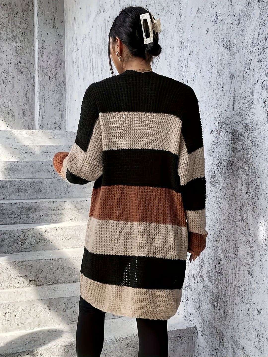 Théa colorblock longline cardigan, back view showing full length and stripe pattern