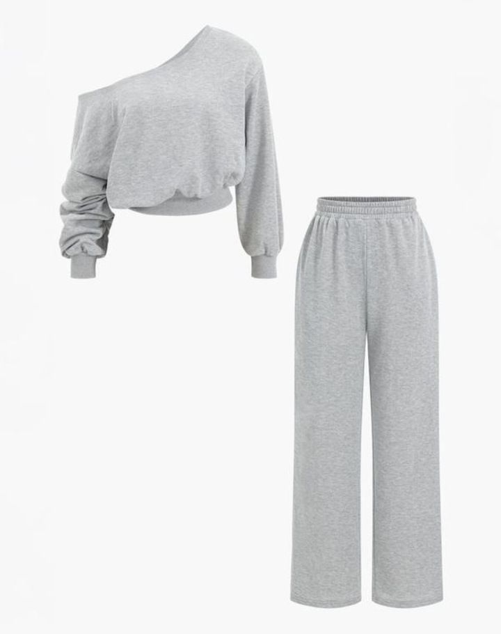 Trendy Dames Loungewear Set Met Off Shoulder Top En Wijde Pijpen
