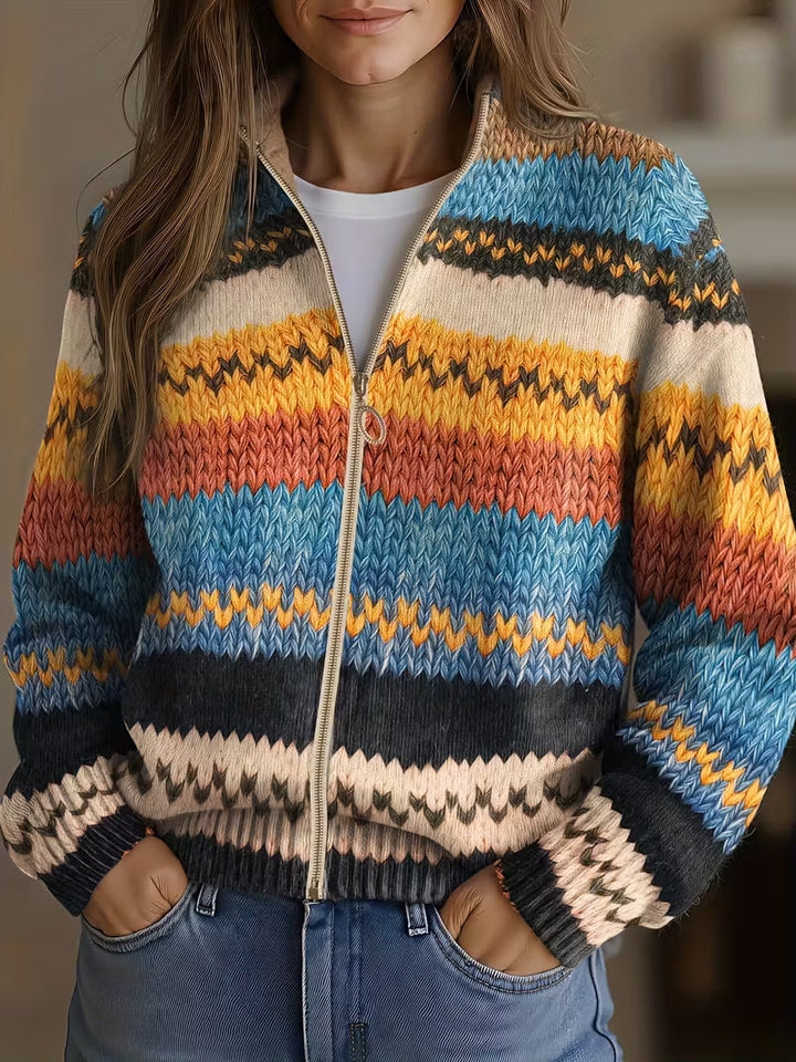 Trevena | Women's Striped Zip-Up Knit Cardigan - Image 1