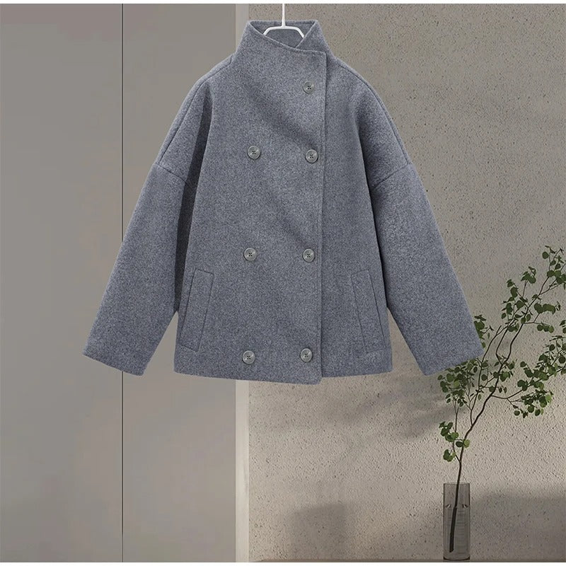 Wool-Blend Women's Coat with High Collar and Double Buttons