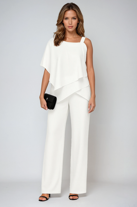 Luxe Dames 2-delige Set met Asymmetrische Top en Wijde Pijpen