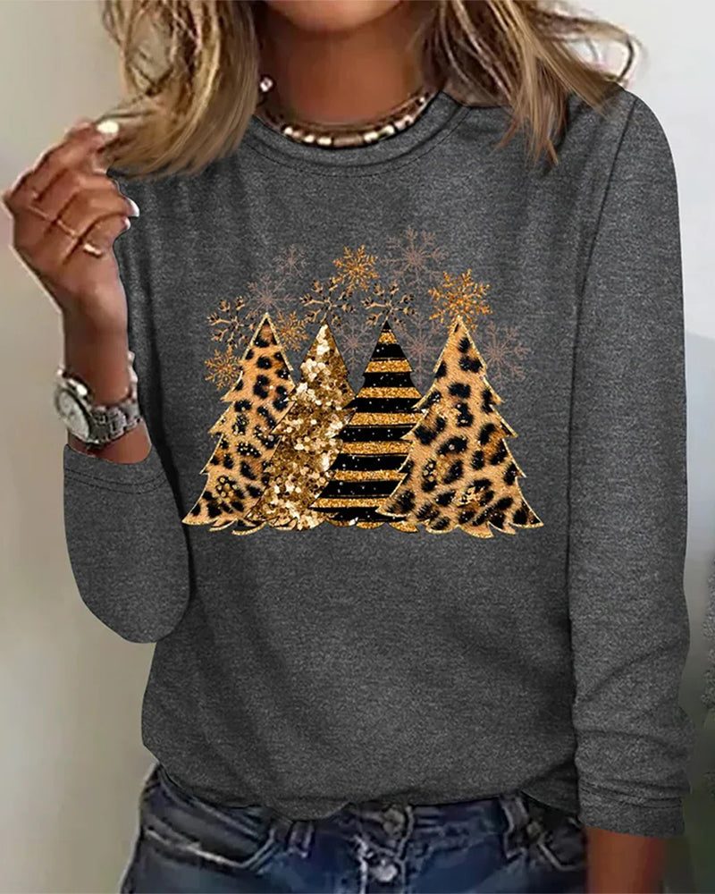Relaxte Dames Sweater met Kerstboomprint en Ronde Hals